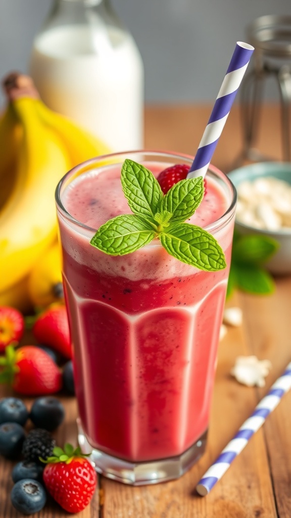 A colorful dairy-free smoothie with berries and banana, garnished with mint, on a wooden table.